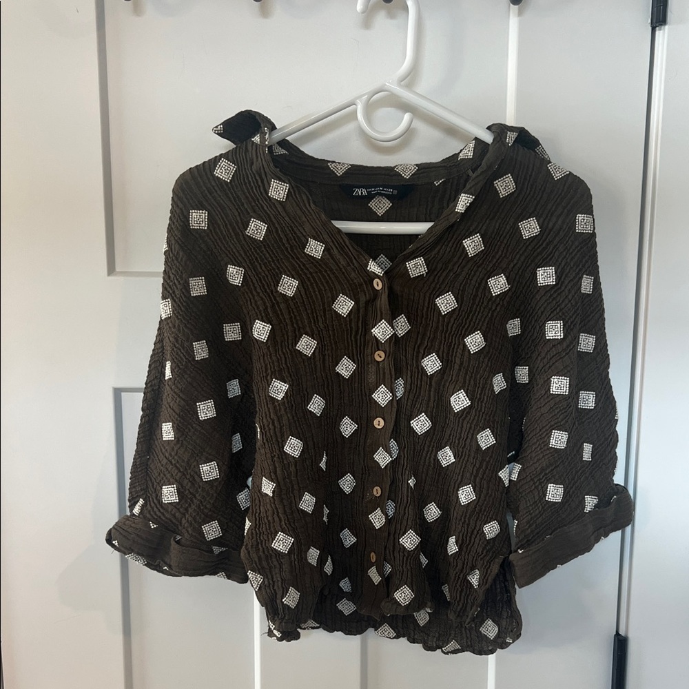 Zara Cropped Embroidered Blouse Brown Boho Button Front Size M